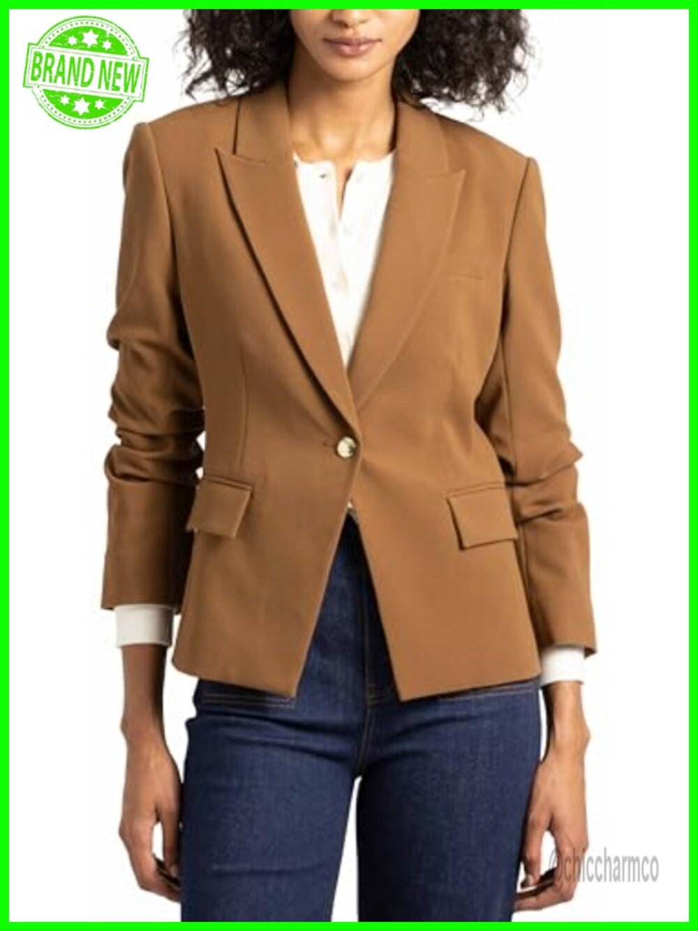 Designer Ruched Sleeve Boucle Blazer Gold Button